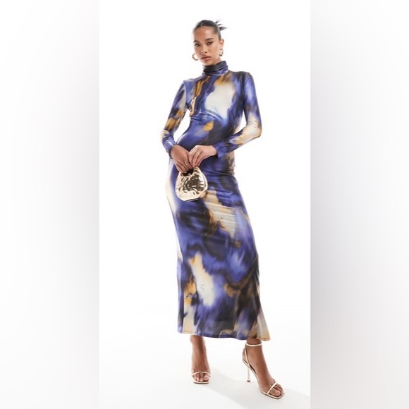 DASKA High Neck Maxi Dress In Marble Print-multi - L
